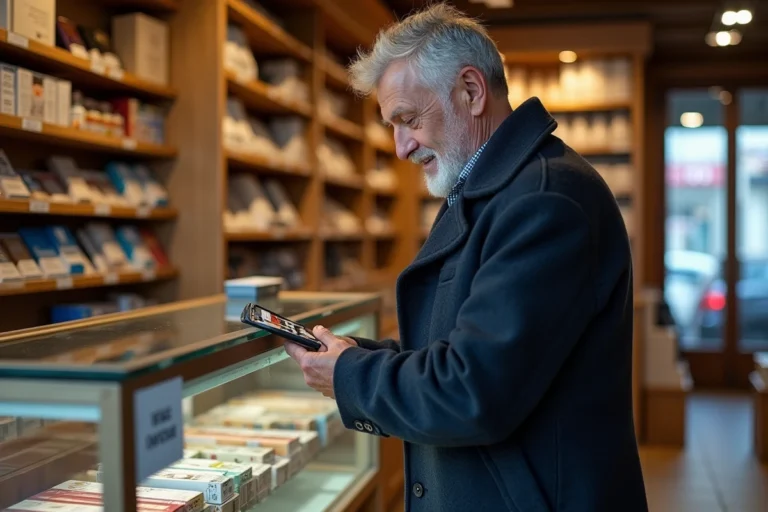 Homme achetant un paquet de cigarettes dans un bureau de tabac suisse avec étiquette de prix visible