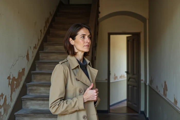 Acheteuse inspectant l'intérieur d'une maison ancienne en vente urgente dans la Sarthe, escalier en bois et couloir vétuste visibles