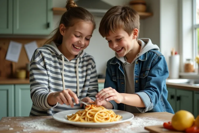 Deux adolescents préparant ensemble des pâtes maison dans une cuisine familiale, ambiance conviviale et économique