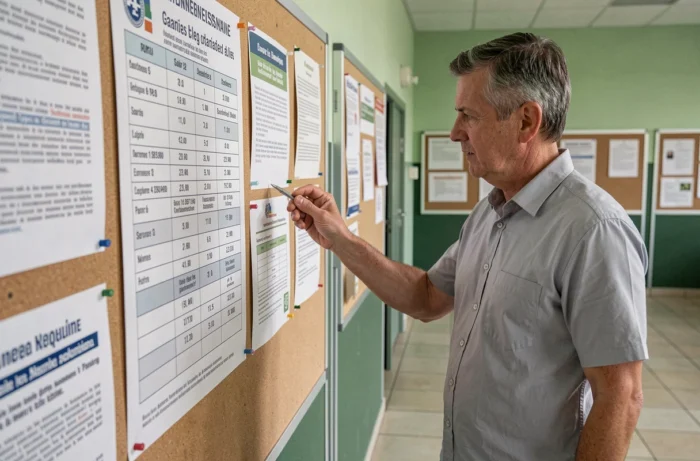 Agent de la fonction publique consultant un tableau des salaires affiché dans un bâtiment municipal