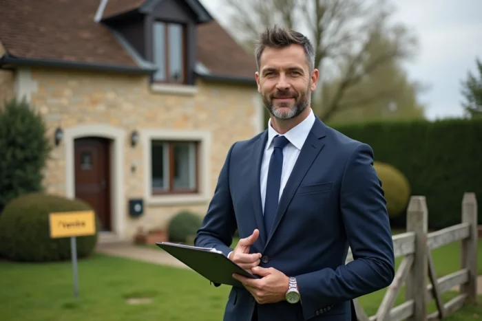 Agent immobilier devant une maison en pierre à vendre dans la Sarthe suite à un divorce, panneau À Vendre visible dans le jardin