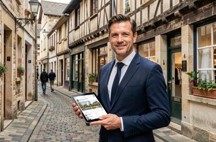 Agent immobilier en costume navy dans le quartier historique Bouffay de Nantes tenant une tablette avec annonces immobilières