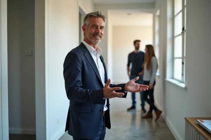 Agent immobilier présentant un appartement vide à un couple lors d'une visite locative