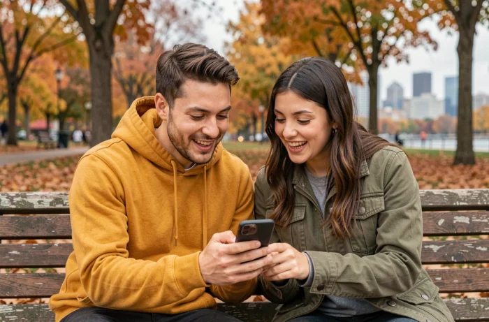 Deux amis découvrant ensemble les fonctionnalités de l'application Faljam sur un banc de parc