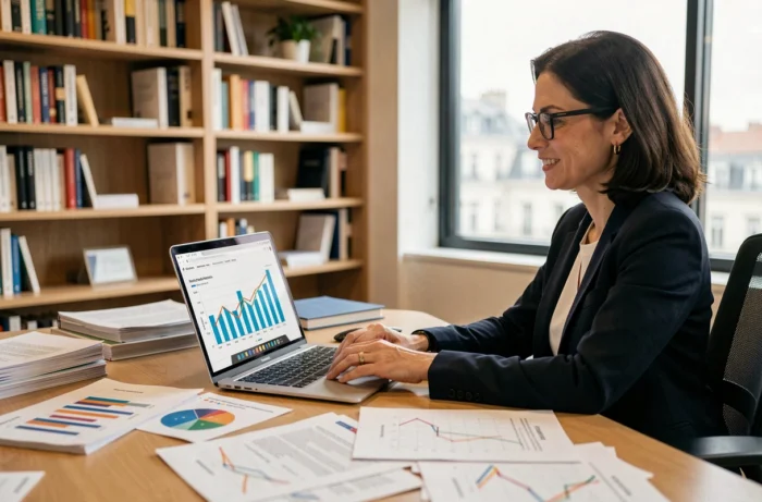 Analyste en commerce de détail examinant des rapports financiers Inditex sur un ordinateur portable dans un bureau professionnel