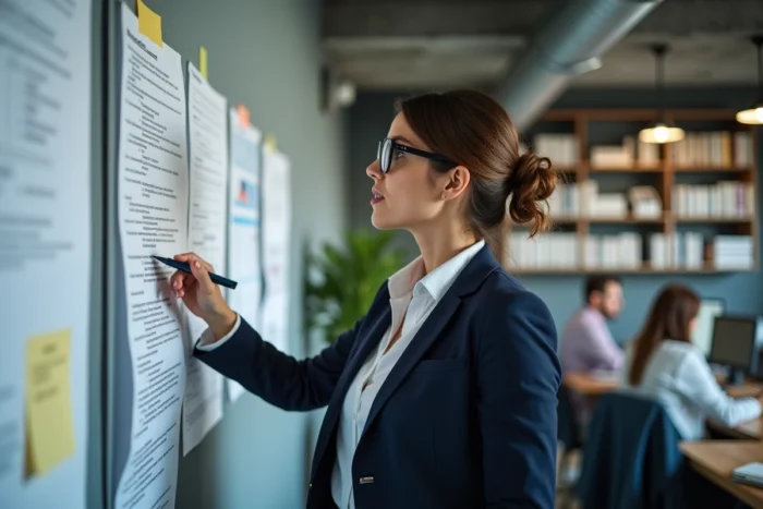 Femme analyste pointant des documents contractuels affichés sur un mur de bureau professionnel