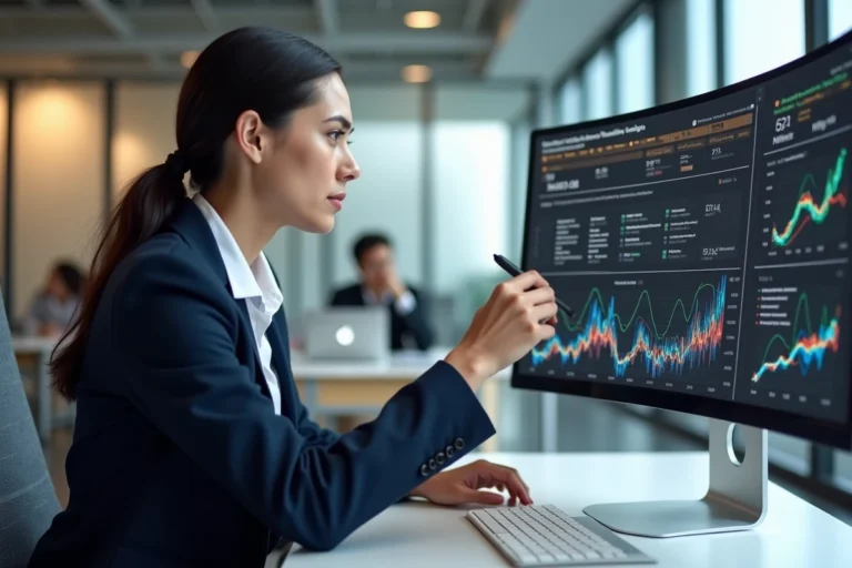 Analyste SEO femme étudiant un tableau de bord d'analyse de backlinks sur un grand écran dans un bureau moderne