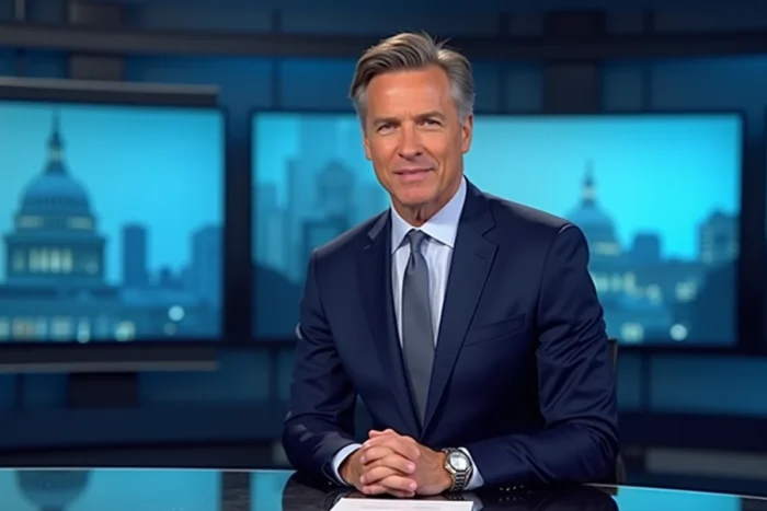 Animateur de CNews en costume marine assis au bureau de présentation du journal télévisé en studio