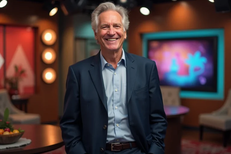 Portrait d'un animateur télé français de grande taille souriant dans un studio de télévision coloré