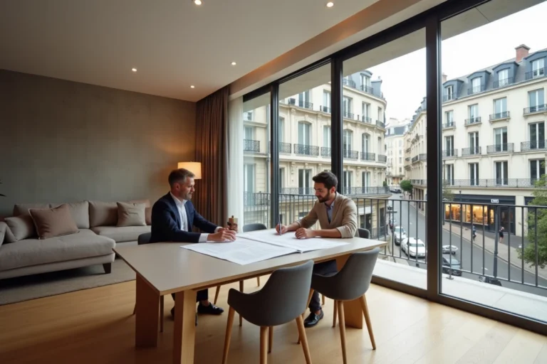 Couple examinant des plans dans un appartement neuf moderne à Boulogne-Billancourt avec vue sur un boulevard parisien