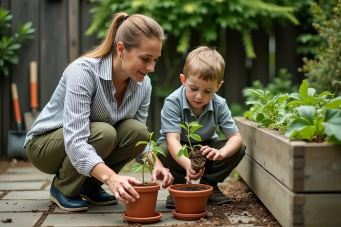 Une femme et un jeune garçon jardinent ensemble dans un jardin verdoyant, activité éducative en plein air qui stimule la curiosité et l'éveil sensoriel de l'enfant