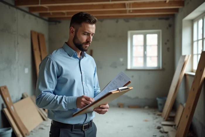 Architecte consultant une checklist de chantier de rénovation immobilière dans un appartement en travaux