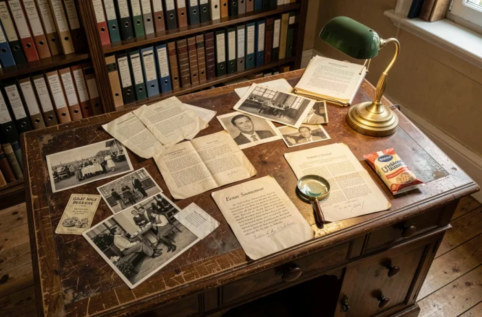 Documents d'archives et photographies anciennes sur un bureau en bois évoquant l'histoire et les origines de la marque Picard