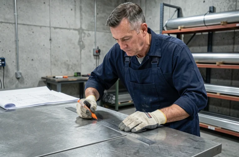 Artisan mesurant une plaque en inox brossé sur mesure dans un atelier de métallerie professionnel