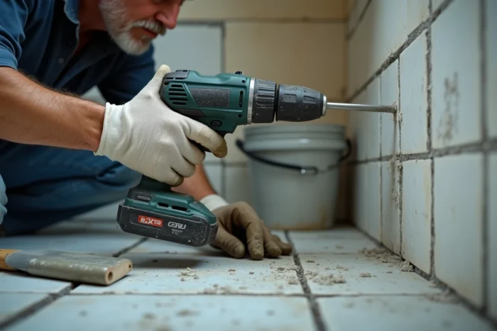 Gros plan sur un artisan posant des carreaux de céramique dans une salle de bain en rénovation