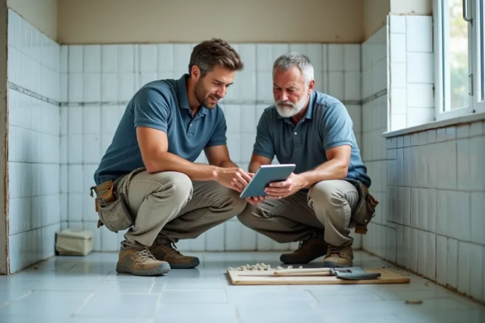 Deux artisans du bâtiment consultant un modèle numérique de rénovation sur tablette dans une salle de bain en chantier