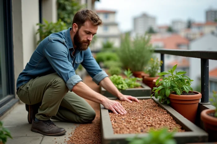 Homme étalant des billes d'argile sur des jardinières d'herbes aromatiques sur un balcon urbain