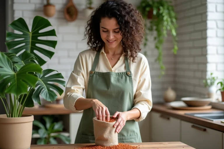 Femme versant des billes d'argile sur un pot de monstera dans une cuisine scandinave