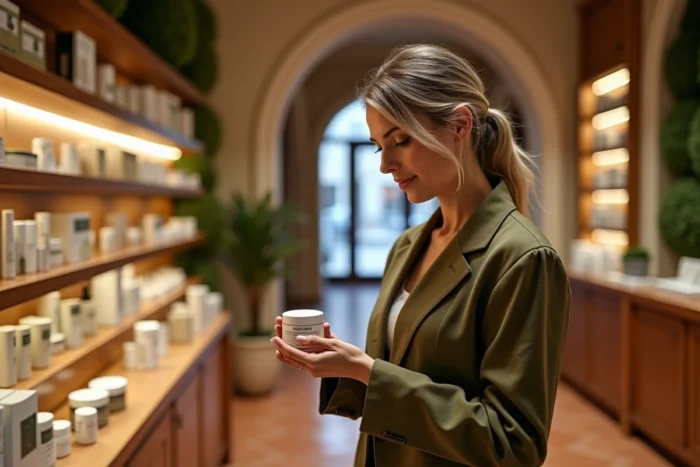 Femme élégante examinant une crème de luxe dans une boutique beauté parisienne, nouvelles tendances cosmétiques