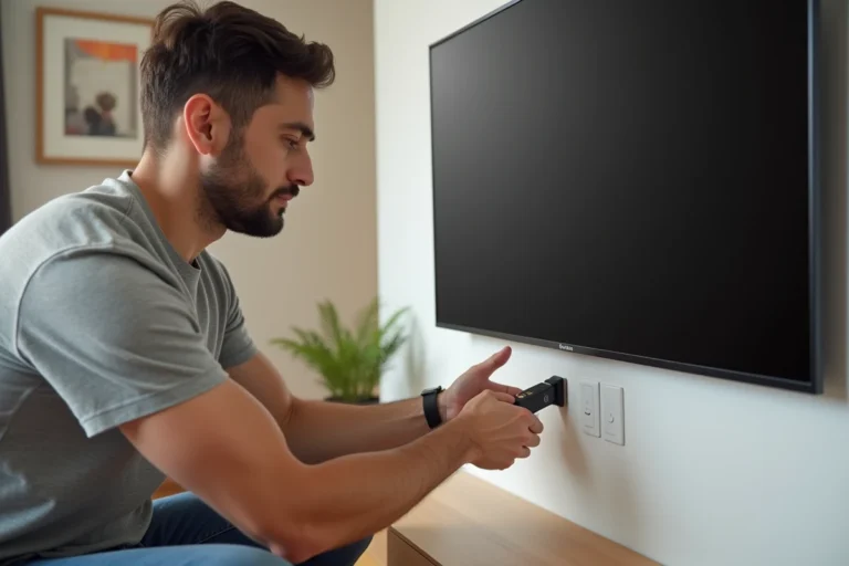Homme branchant un Xiaomi Mi TV Stick dans le port HDMI d'un téléviseur dans un salon moderne
