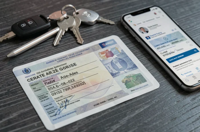 Carte grise française posée sur une table avec des clés de voiture et un smartphone montrant un site administratif