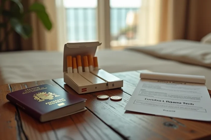 Cartouches de cigarettes avec passeport espagnol et formulaire douanier pour voyageur