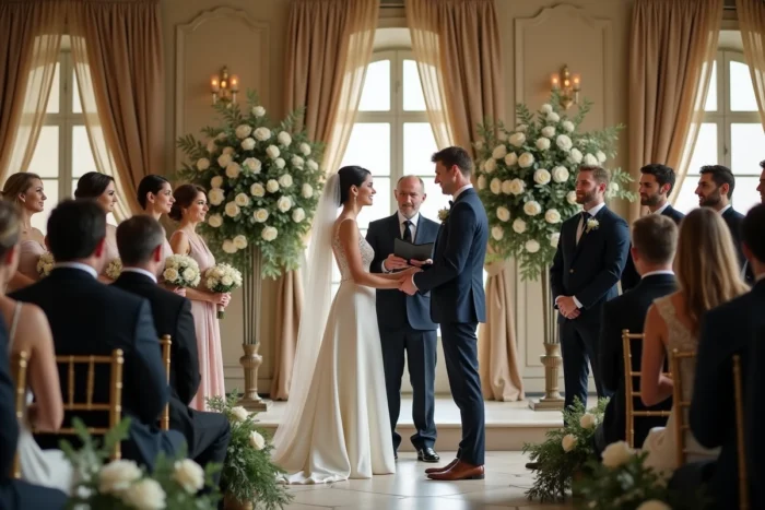Cérémonie de mariage élégante dans un château français, couple en tenue de soirée échangeant leurs vœux devant des invités en tenue formelle