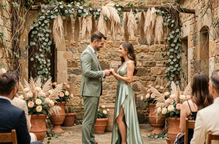 Couple échangeant des alliances lors d'une cérémonie de mariage en plein air dans une cour en pierre provençale décorée de pampa et de roses