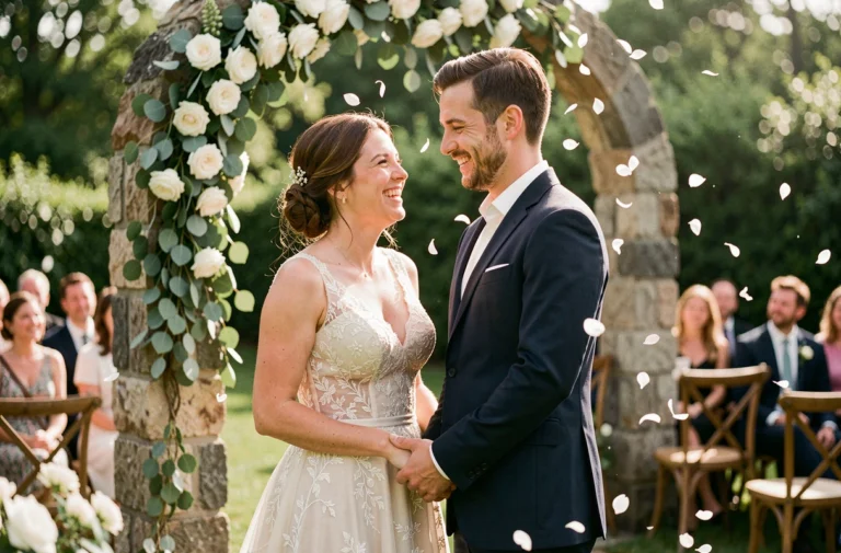 Couple de mariés souriant sous une arche fleurie lors d'une cérémonie de mariage en plein air dans un jardin