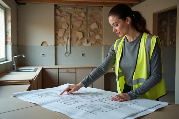 Cheffe de projet en sécurité consultant un plan de rénovation sur un chantier de cuisine dépouillée