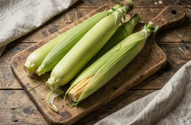 Cobettes fraîches avec leurs feuilles vertes posées sur une planche en bois rustique dans une cuisine campagnarde