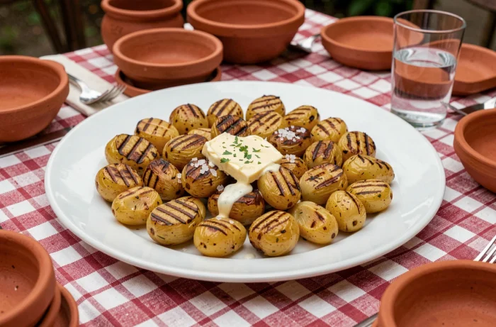 Cobettes grillées avec des marques de grill et du beurre aux herbes fondant sur une assiette blanche lors d'un repas en plein air