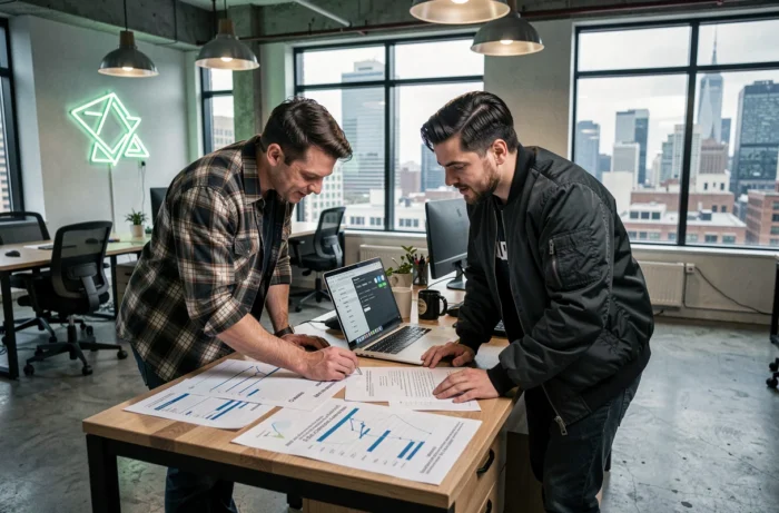 Deux entrepreneurs geeks collaborant sur une stratégie de marketing digital dans un bureau de startup moderne