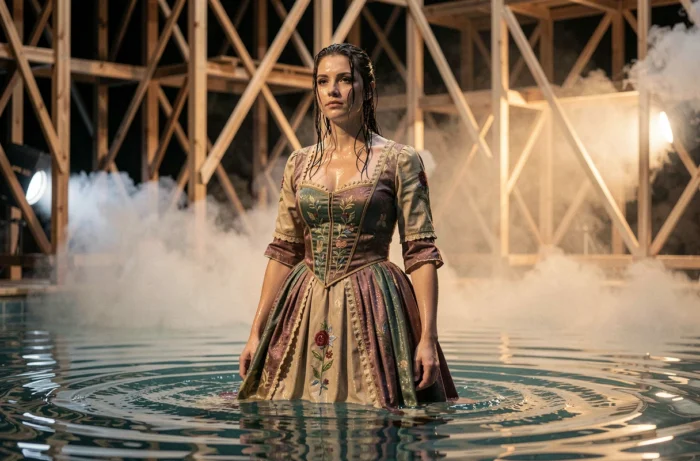 Comédienne en robe historique trempée sortant d'un bassin lors d'un spectacle immersif au Puy du Fou