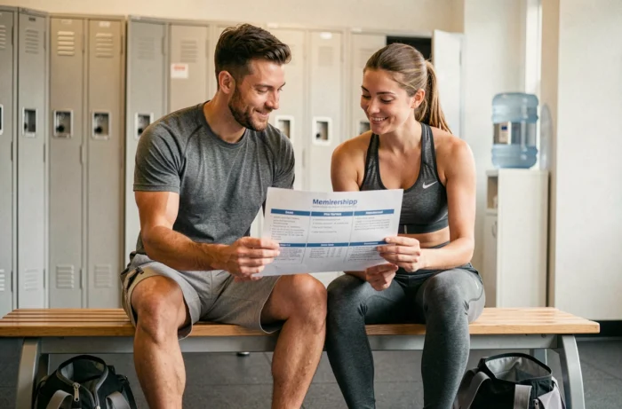 Deux amis comparant les formules d'abonnement Basic Fit assis sur un banc dans une salle de sport
