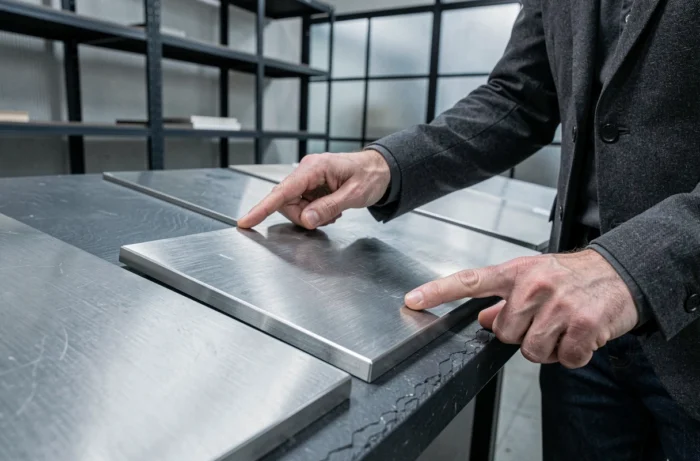 Comparaison de finitions de plaques inox sur mesure brossées miroir et satin dans un showroom industriel