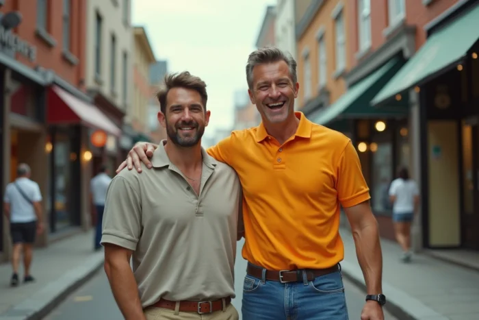 Comparaison de taille entre deux hommes sur un tournage extérieur dans les années 90 en France