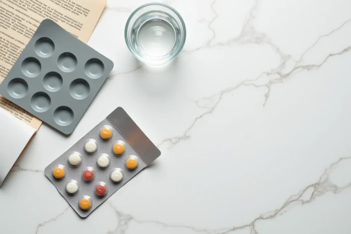 Gros plan sur des comprimés Bion 3 Senior, un pilulier et une notice médicale sur marbre blanc