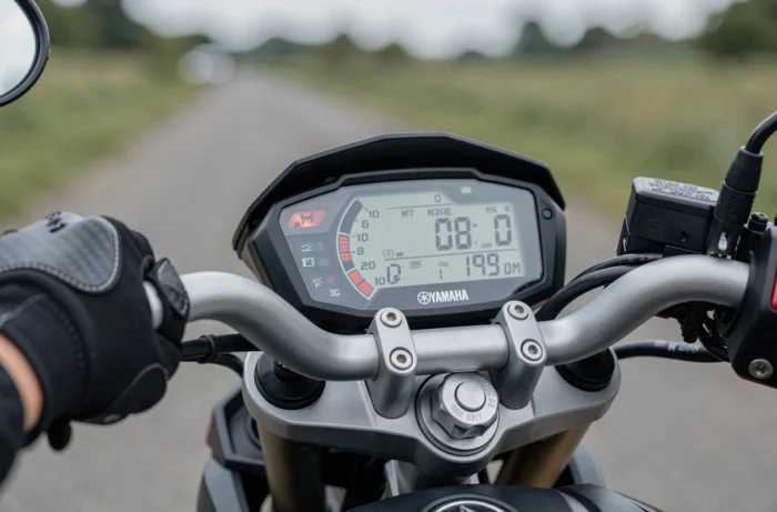 Gros plan sur le compteur numérique et le guidon de la Yamaha MT-125 avec les mains gantées du pilote