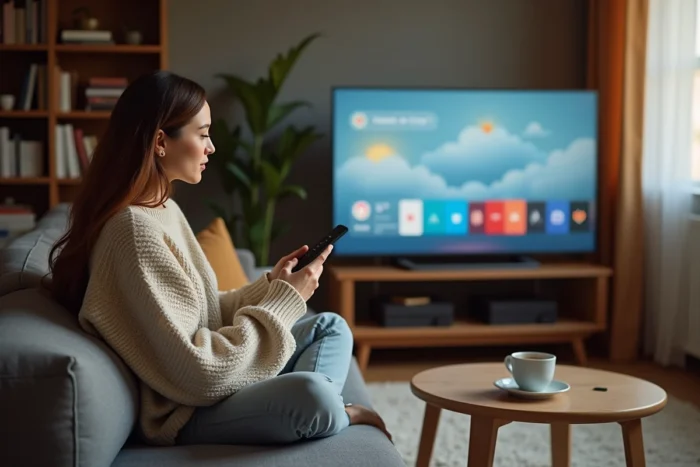 Femme configurant l'interface Android TV du Xiaomi Mi TV Stick depuis son canapé avec la télécommande