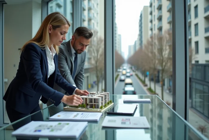 Conseillère immobilière présentant une maquette de résidence neuve à un investisseur dans une agence à Boulogne-Billancourt
