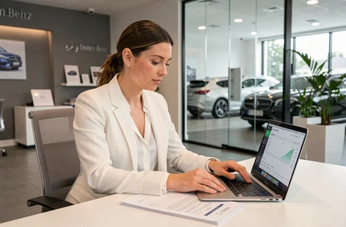 Conseillère commerciale Mercedes assise à son bureau dans un bureau de concession automobile moderne
