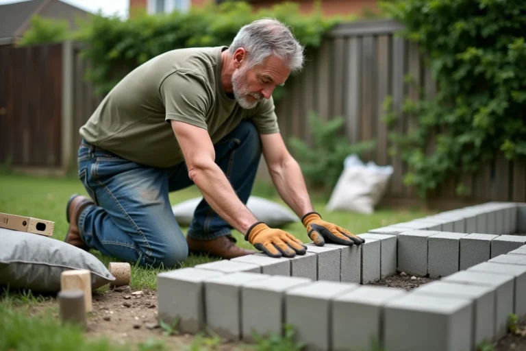 Homme construisant une piscine hors sol en parpaing dans un jardin résidentiel, posant des blocs de béton avec un niveau à bulle