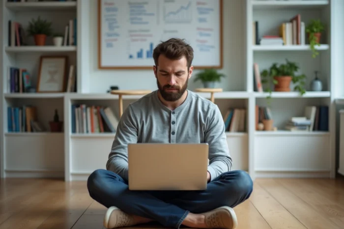 Consultant SEO indépendant analysant des données de backlinks sur son ordinateur portable dans un bureau à domicile