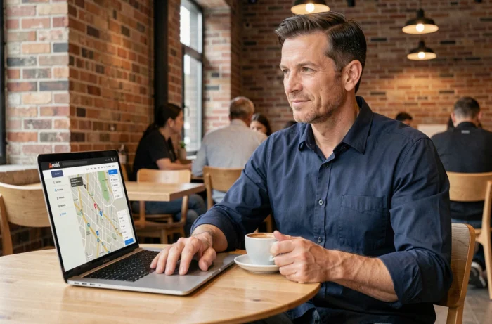 Homme consultant un plan de site web sur son ordinateur portable dans un café moderne
