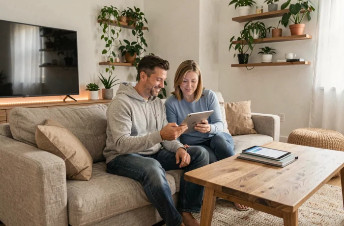 Couple consultant une application domotique sur tablette dans un salon contemporain et cosy