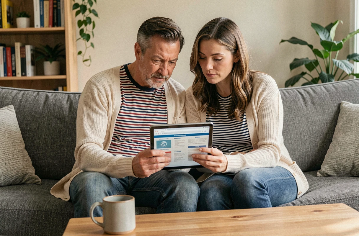 Couple comparant des offres de mutuelle santé Mercer sur une tablette dans leur salon