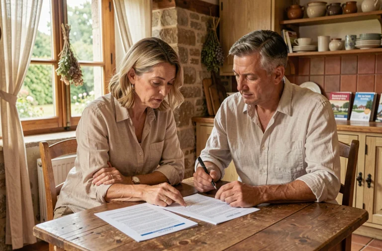 Couple comparant des contrats d'assurance rapatriement à la maison avant un voyage en France