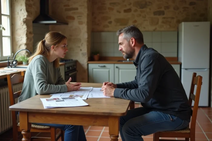 Couple en cours de divorce discutant des documents de vente de leur maison dans une cuisine en pierre de la Sarthe