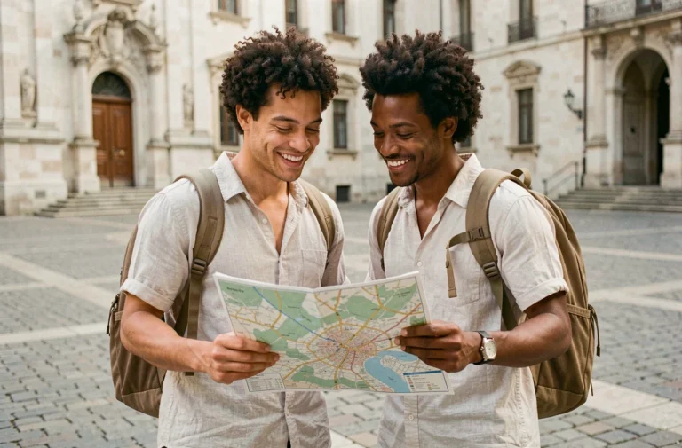 Couple de voyageurs consultant une carte devant une place historique européenne lors d'un voyage organisé avec une agence de tourisme